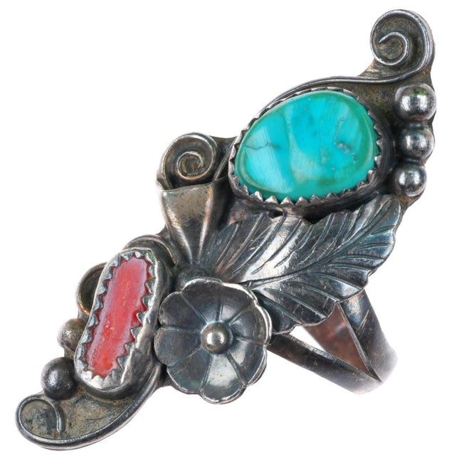 sz7.5 vintage Phil Chapo Navajo sterling silver turquoise and coral long ring