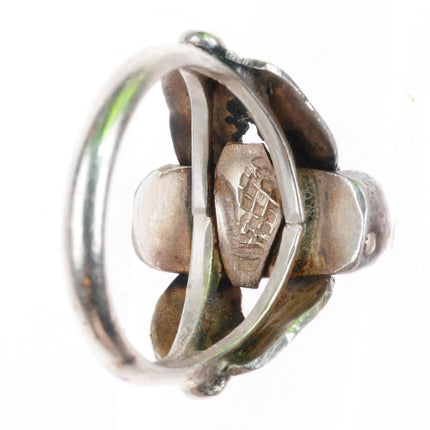 sz6.5 Allen Pooyouma Hopi sterling silver green turquoise stamped feathers ring