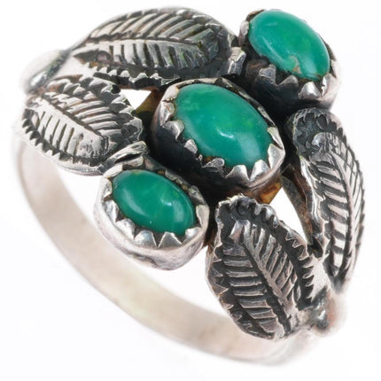 sz6.5 Allen Pooyouma Hopi sterling silver green turquoise stamped feathers ring