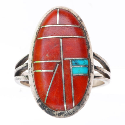 sz8 Gloria Chattin Zuni sterling silver turquoise and coral channel inlay ring