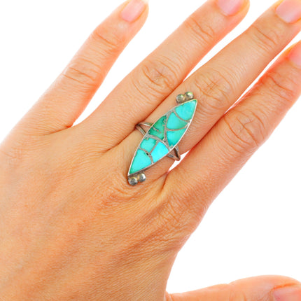 sz7 vintage Zuni sterling silver fishscale inlay turquoise ring