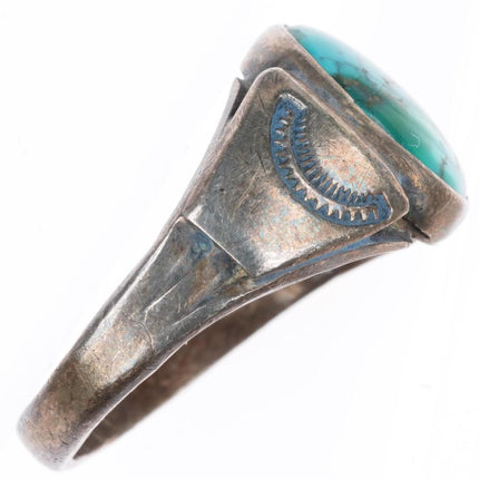 sz9.5 vintage Navajo sterling silver high grade turquoise stamped sides ring