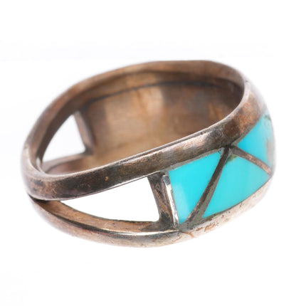 sz9.25 vintage Peshlakai Navajo sterling silver flush inlay turquoise ring