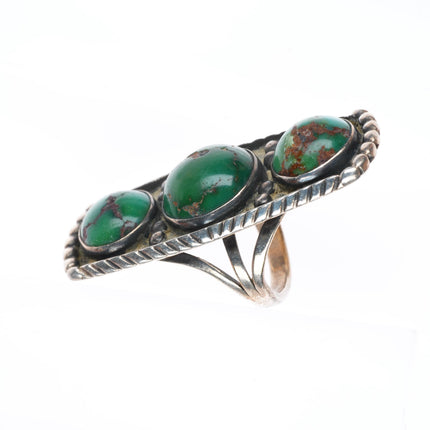 sz6.25 c1940 vintage Navajo sterling silver 3 stone greasy green turquoise ring