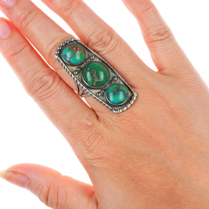 sz6.25 c1940 vintage Navajo sterling silver 3 stone greasy green turquoise ring