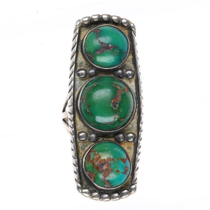 sz6.25 c1940 vintage Navajo sterling silver 3 stone greasy green turquoise ring