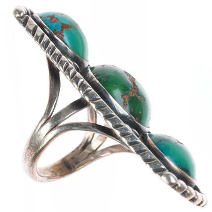 sz6.25 c1940 vintage Navajo sterling silver 3 stone greasy green turquoise ring