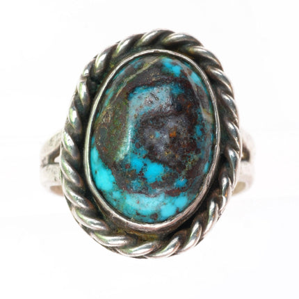 sz7.25 vintage Navajo high grade turquoise sterling silver rope bezel ring