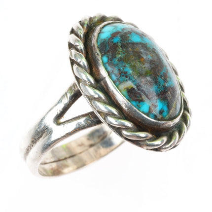 sz7.25 vintage Navajo high grade turquoise sterling silver rope bezel ring
