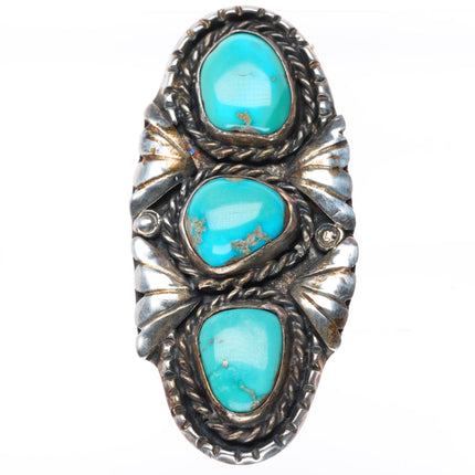 sz8.5 big vintage Navajo stamped shank long sterling silver turquoise ring