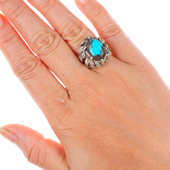 sz5 Vintage Bisbee Turquoise southwestern Brutalist sterling silver ring