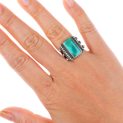 sz6.5 c1930's Navajo ingot silver turquoise ring with ornate sides
