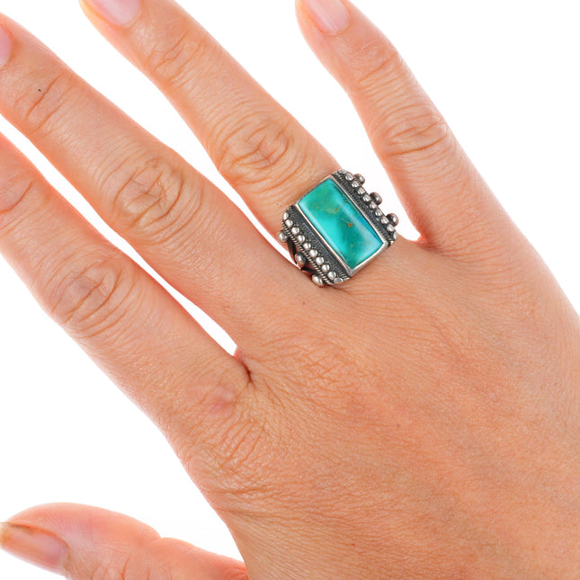 sz6.5 c1930's Navajo ingot silver turquoise ring with ornate sides