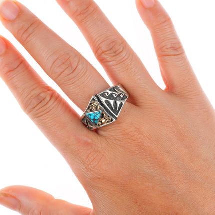 sz14 vintage Navajo 14k gold/sterling silver spiderweb turquoise ring
