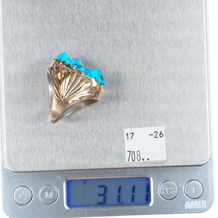 sz9.5 big vintage Zuni 14k gold accent sterling silver high grade turquoise ring