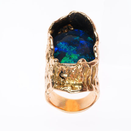 sz7 Large vintage 14k yellow gold brutalist southwestern opal ring