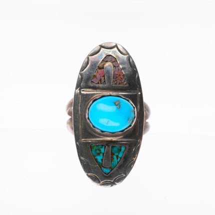 sz7 vintage Navajo sterling silver turquoise chip inlay ring with cabochon