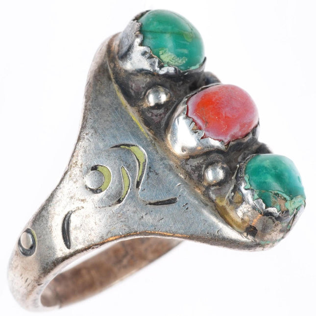sz9.5 vintage Navajo sterling silver turquoise and coral 3 stone ring