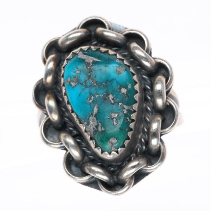 sz7 vintage Navajo sterling silver Morenci turquoise ring chain bezel