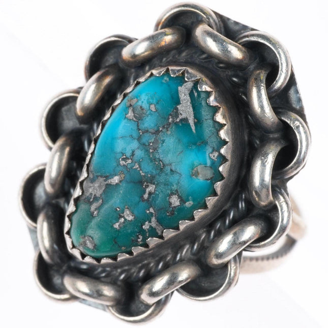 sz7 vintage Navajo sterling silver Morenci turquoise ring chain bezel