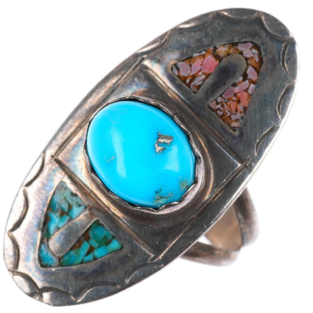sz7 vintage Navajo sterling silver turquoise chip inlay ring with cabochon