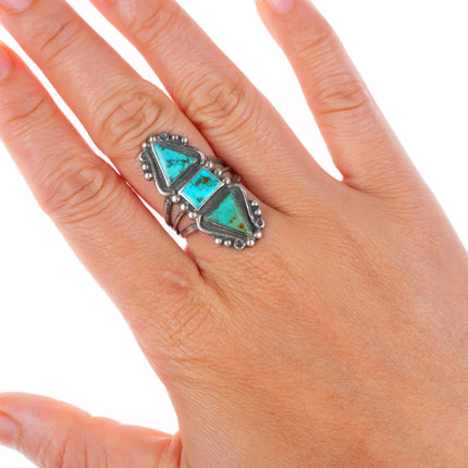 sz7.5 40's-50's  vintage Navajo sterling silver long ring with 3 nice turquoise