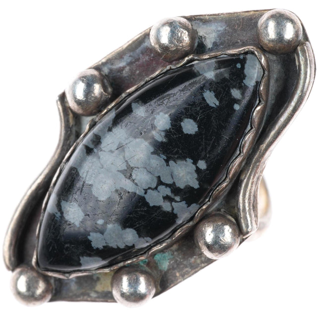 sz6 vintage Southwestern sterling silver snowflake obsidian ring