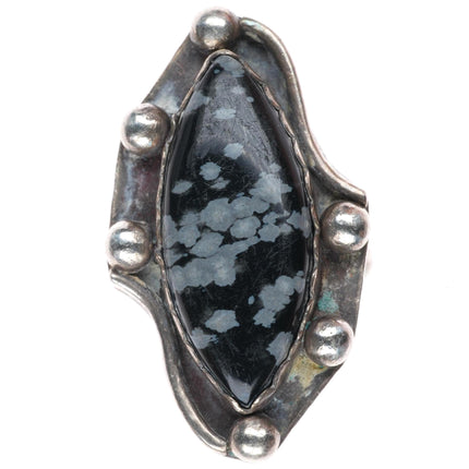 sz6 vintage Southwestern sterling silver snowflake obsidian ring