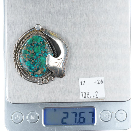 Vintage Native American sterling silver spiderweb turquoise pendant rope bezel