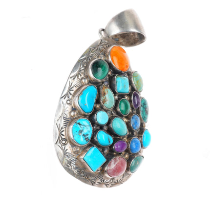 Vintage Benally Navajo sterling silver turquoise-malachite stone cluster pendant