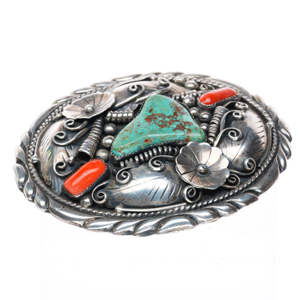 1.75" Clarence Lee Navajo sterling silver turquoise and coral belt buckle