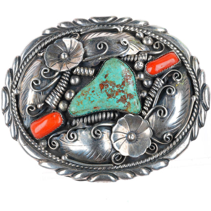 1.75" Clarence Lee Navajo sterling silver turquoise and coral belt buckle