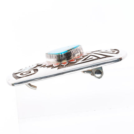 1.25" Michael Perry Navajo sterling silver turquoise and coral inlay belt buckle