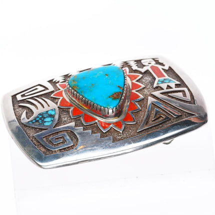 1.25" Michael Perry Navajo sterling silver turquoise and coral inlay belt buckle