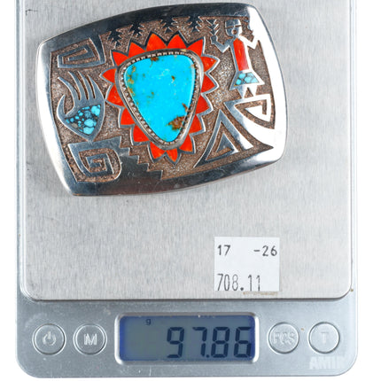 1.25" Michael Perry Navajo sterling silver turquoise and coral inlay belt buckle