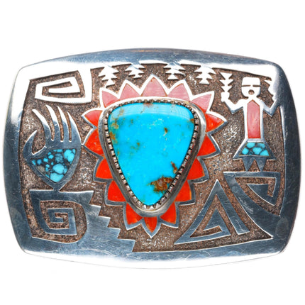 1.25" Michael Perry Navajo sterling silver turquoise and coral inlay belt buckle