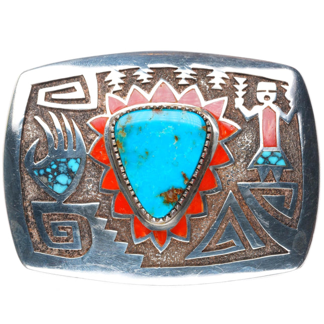 1.25" Michael Perry Navajo sterling silver turquoise and coral inlay belt buckle