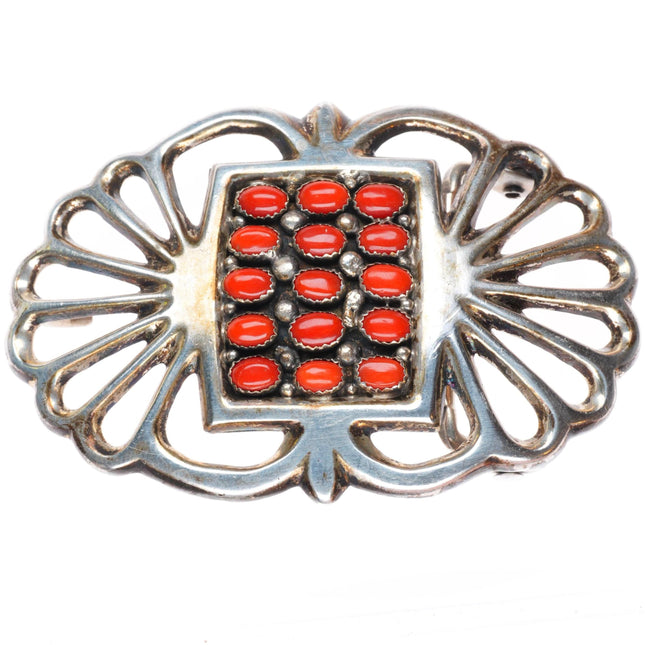 1.25" vintage Navajo sterling silver coral cluster cast belt buckle
