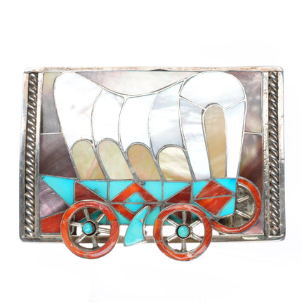 1.5" Helen & Lincoln Zunie sterling silver inlaid Conestoga Wagon belt buckle