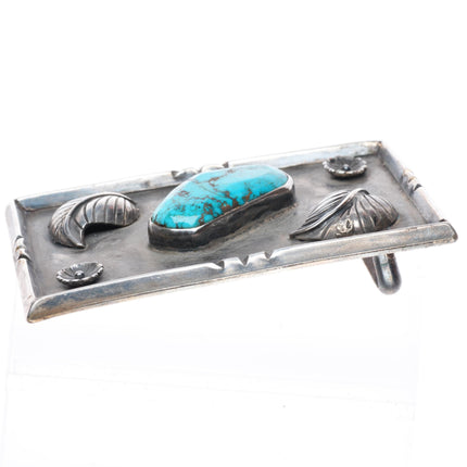 1.5" vintage Navajo sterling silver turquoise belt buckle with applied feathers