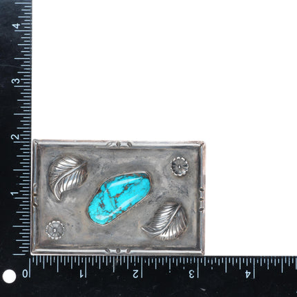 1.5" vintage Navajo sterling silver turquoise belt buckle with applied feathers