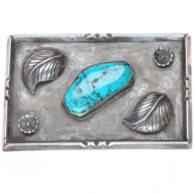 1.5" vintage Navajo sterling silver turquoise belt buckle with applied feathers