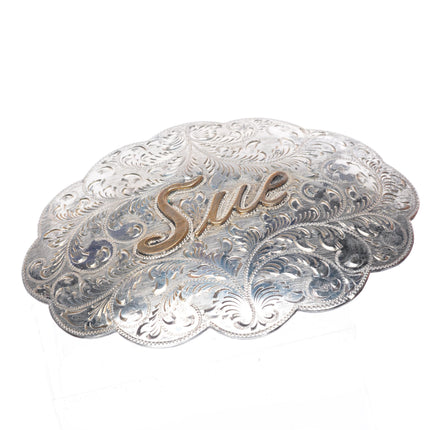 1.75" hand engraved sterling silver custom Sue Monogram Eddie Harris belt buckle