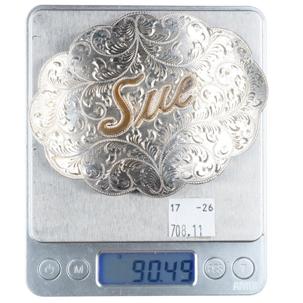 1.75" hand engraved sterling silver custom Sue Monogram Eddie Harris belt buckle