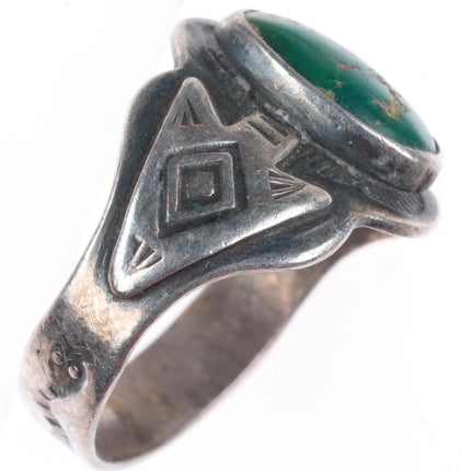sz7.75 1930's Navajo Fred Harvey style Cerrillos turquoise snakes-arrows ring
