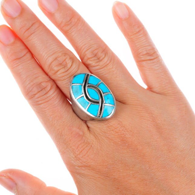 sz10 vintage Zuni sterling silver turquoise inlay hummingbird size 10 men's ring
