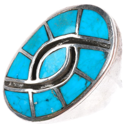 sz10 vintage Zuni sterling silver turquoise inlay hummingbird size 10 men's ring