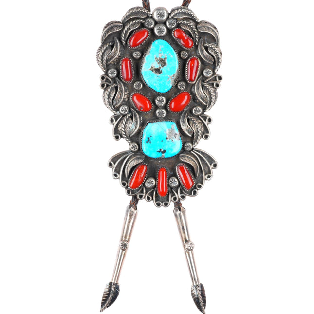 c1970 Huge vintage LW Navajo sterling silver turquoise and coral bolo tie