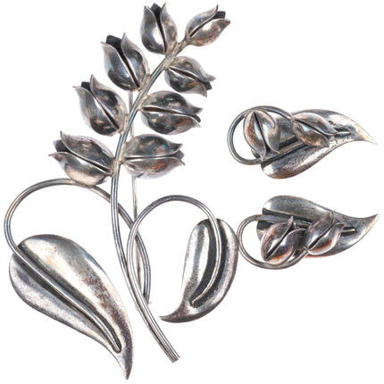 1940's Georg Jensen USA sterling silver Lily of the Valley brooch/pin/earrings