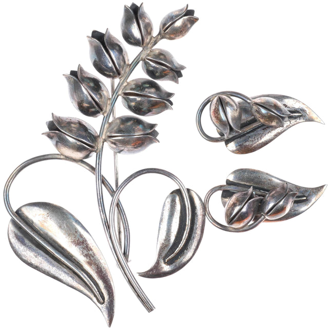 1940's Georg Jensen USA sterling silver Lily of the Valley brooch/pin/earrings